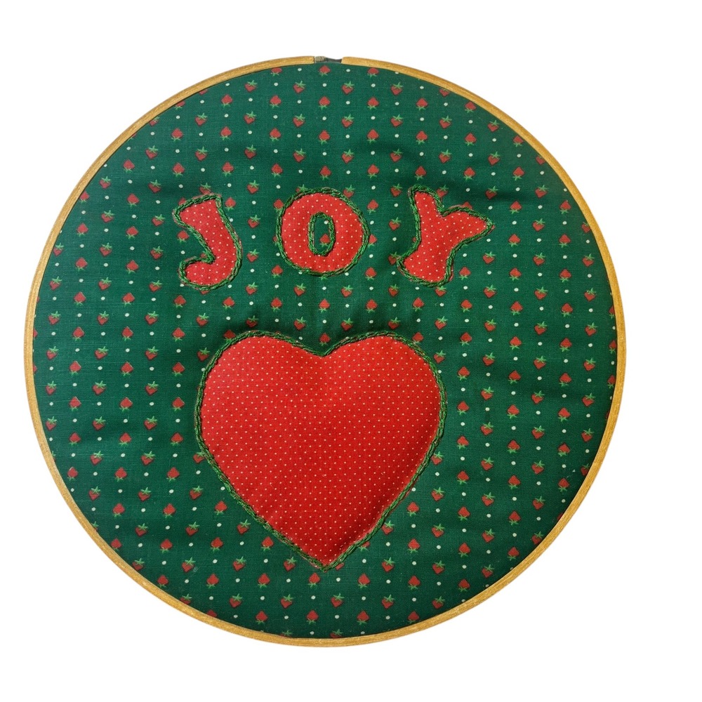 Handmade Hoop Art Strawberry Heart "JOY" Green‎ Fabric Wall Decor Vintage